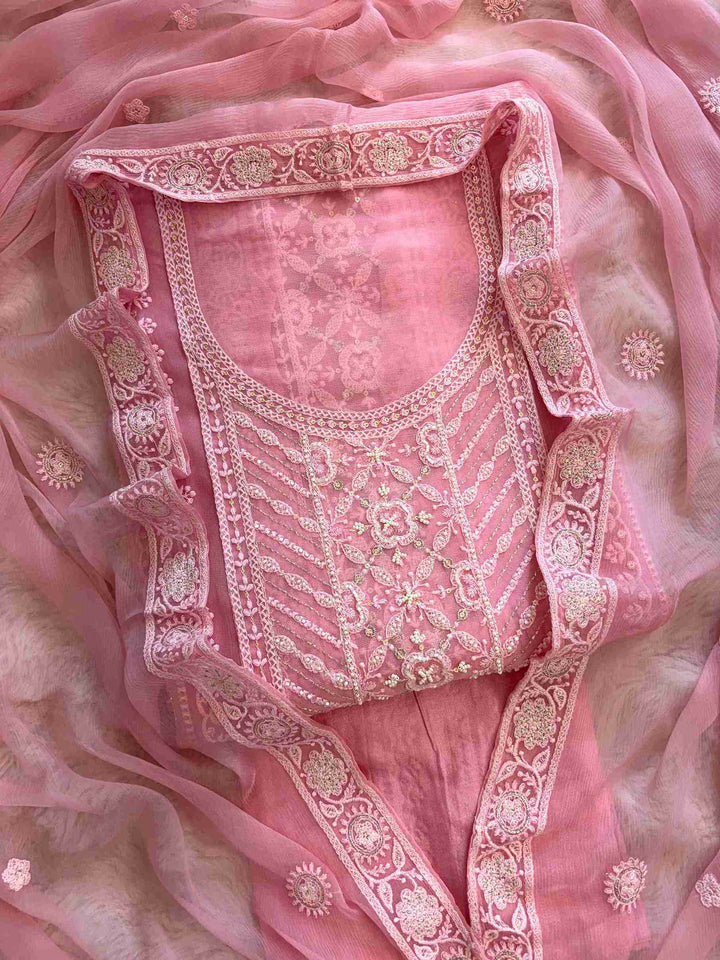 Pink chikankari embroidered georgette unstitched suit set