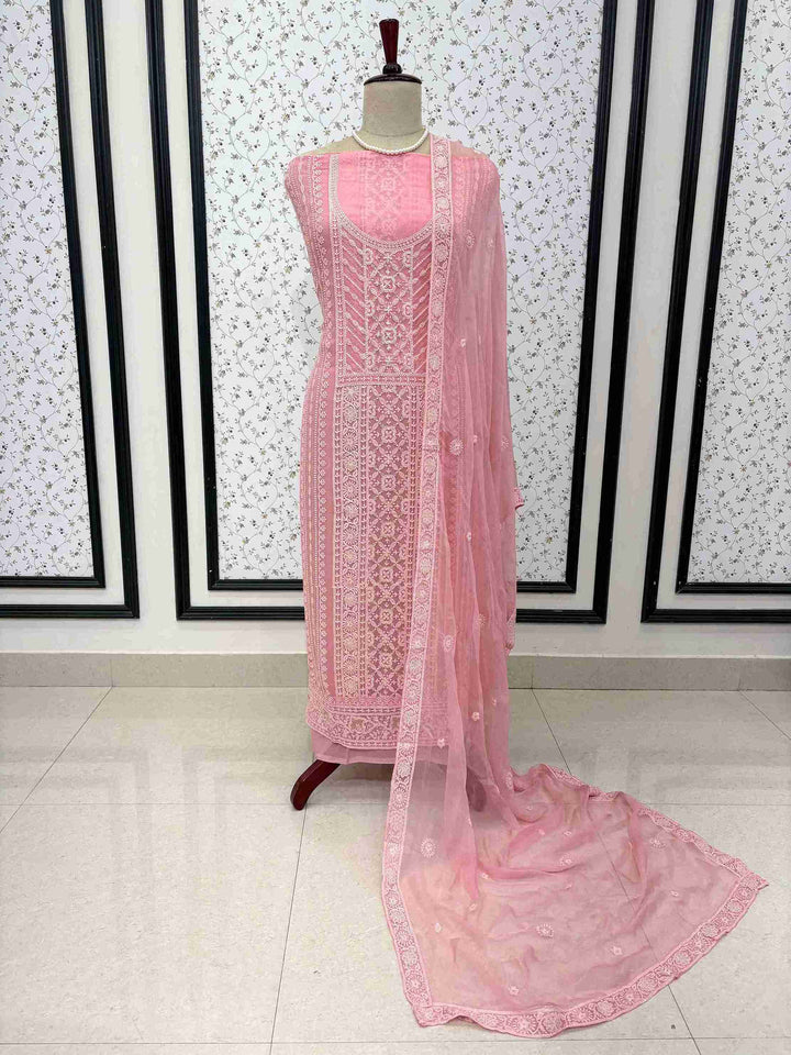 Complete pink chikankari unstitched suit with dupatta and bottom
