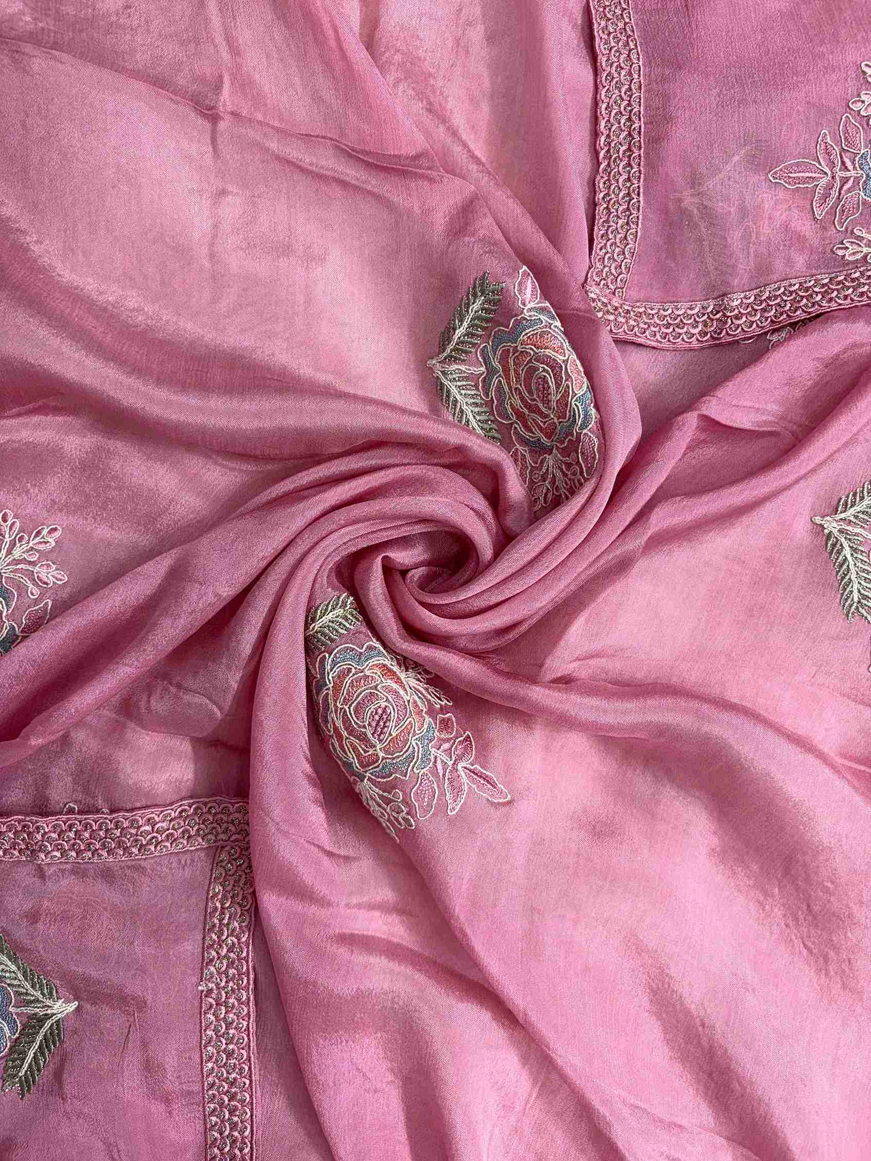 Mustard yellow chinnon dupatta with embroidered floral patches