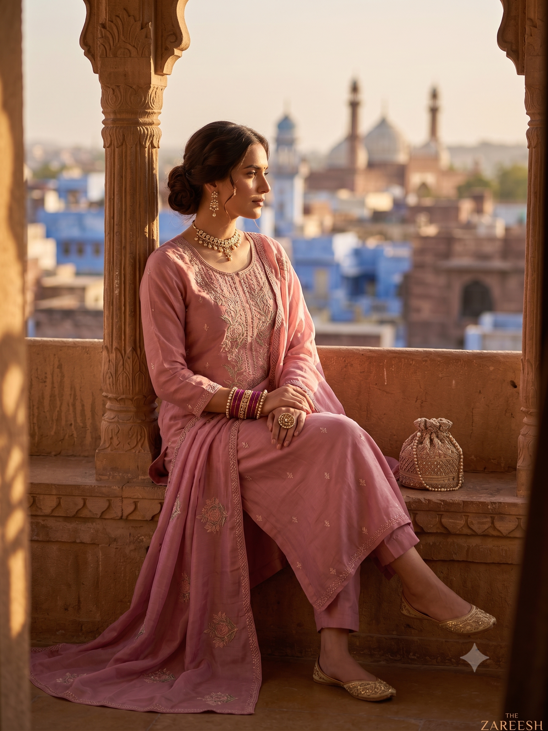 Model wearing pink cotton unstitched suit with embroidered dupatta