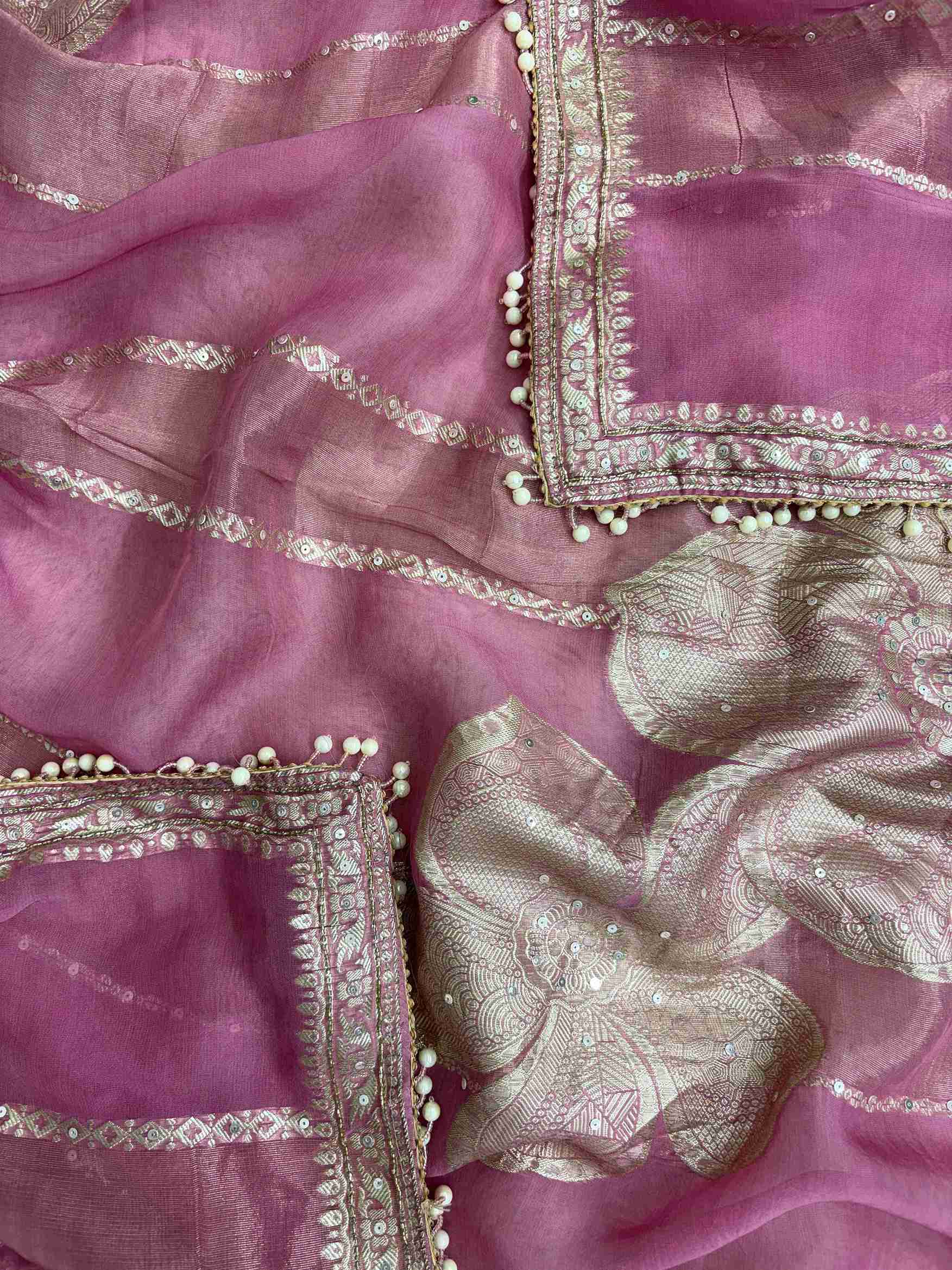 Pink designer shimmer organza party wear suit set with cutdana detailing and Banarasi dupatta