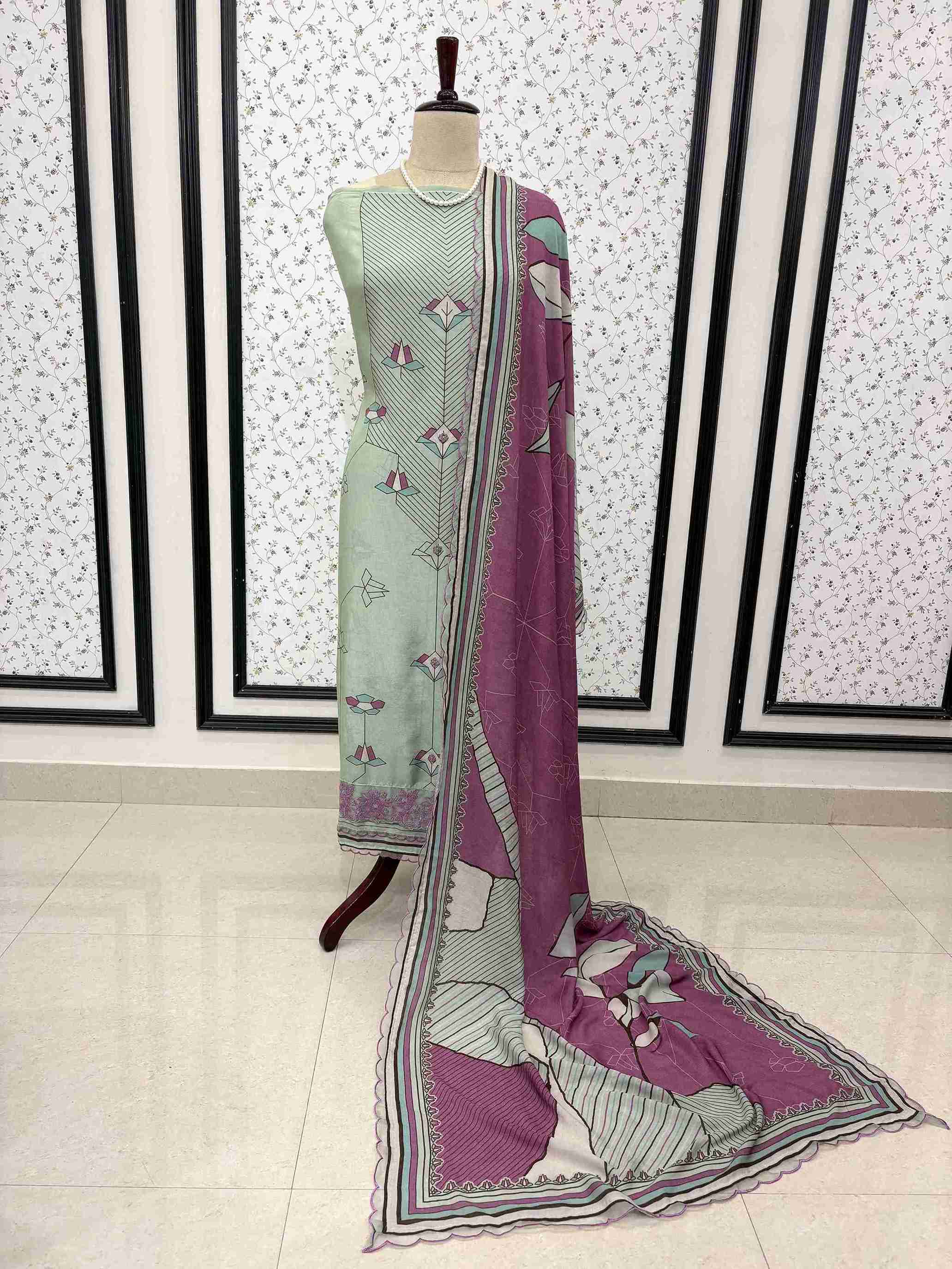 Pink Green pure muslin digital print unstitched suit set displayed on mannequin with embroidered organza border dupatta