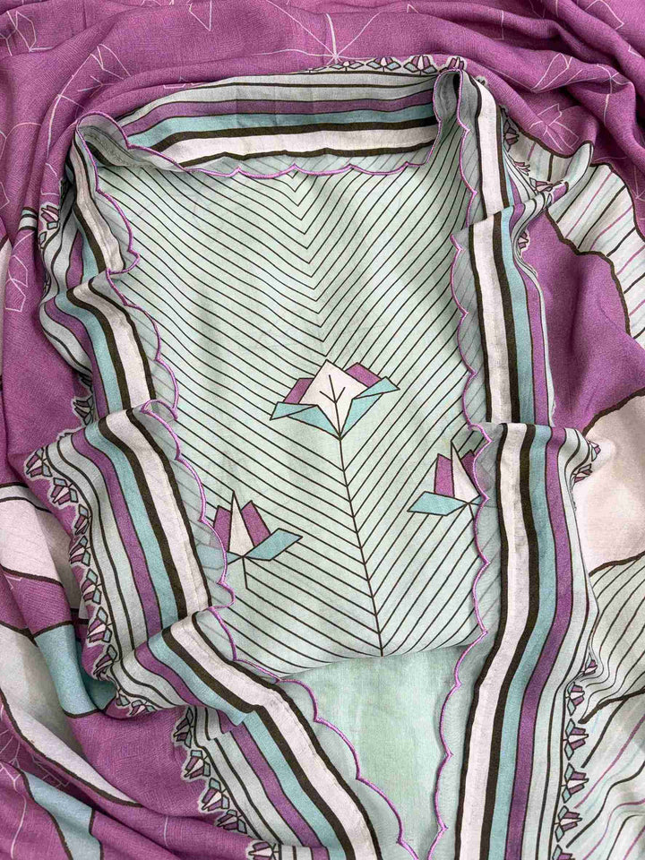 Front view of pink green pure muslin shirt featuring elegant digital print design