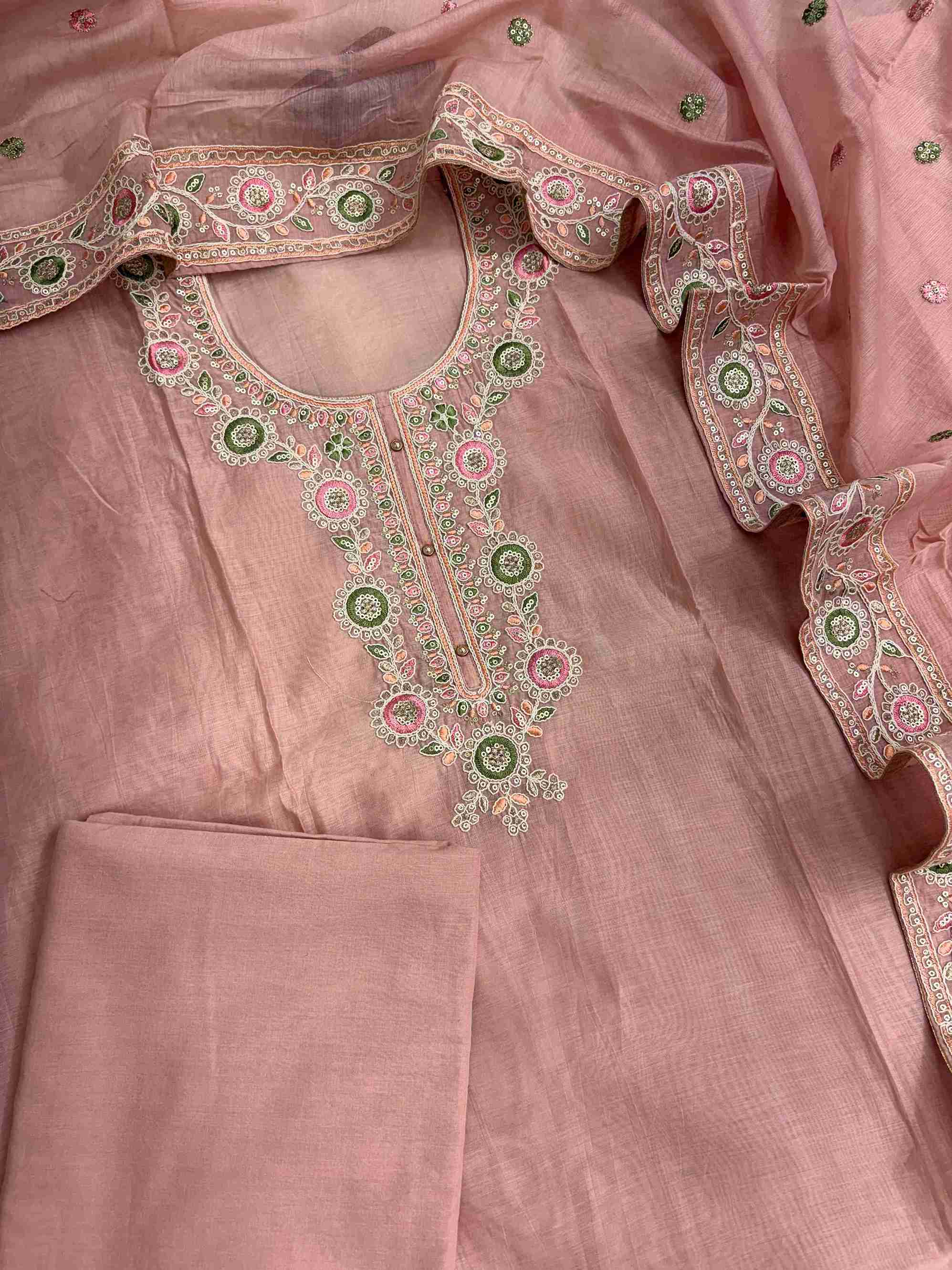 Complete pink mul chanderi unstitched suit flat lay set with shirt, dupatta, and matching cotton bottom