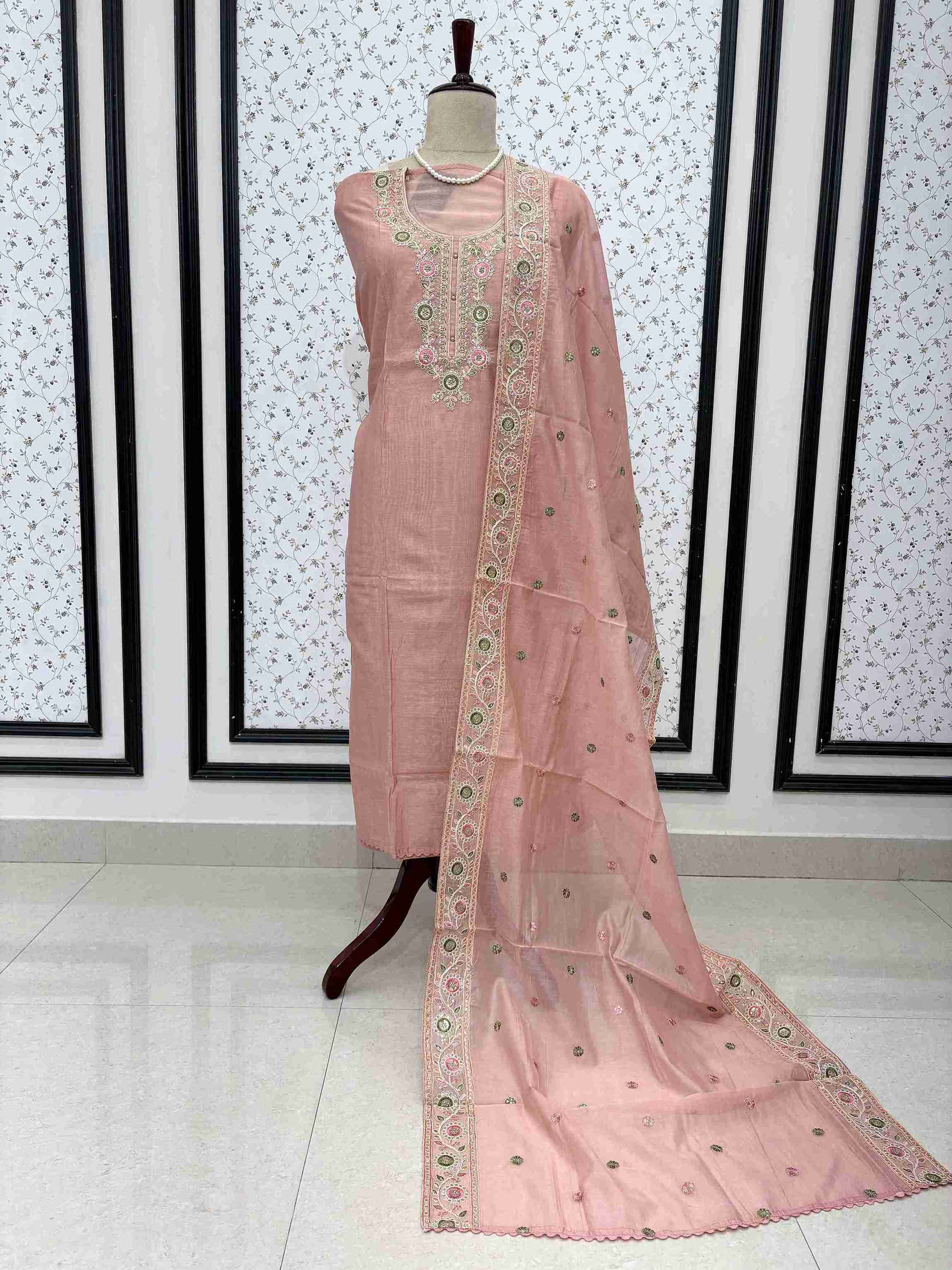 pink mul chanderi unstitched suit full front view with embroidered booty dupatta draped on mannequin