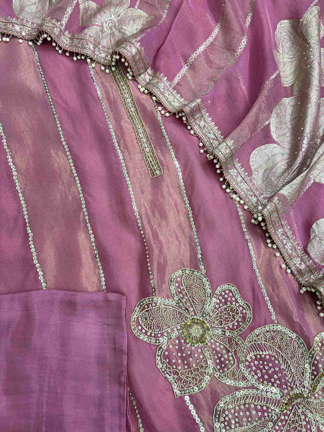 Front view of pink shimmer organza shirt with vertical sequin stripe detailing