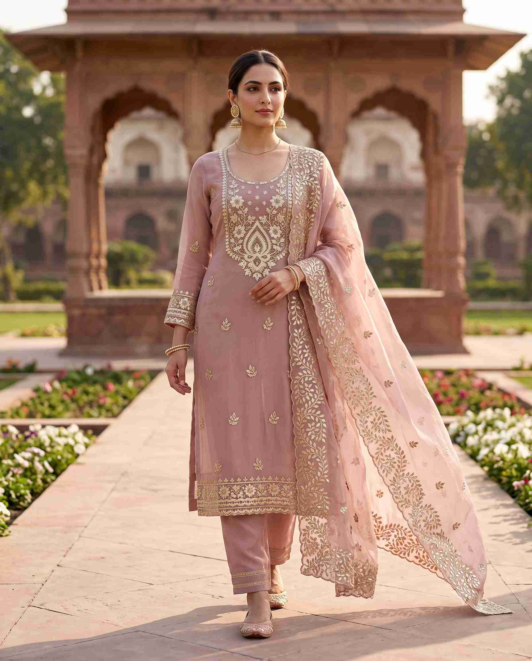 Pink shimmer tissue unstitched suit with leather gota work and tissue dupatta