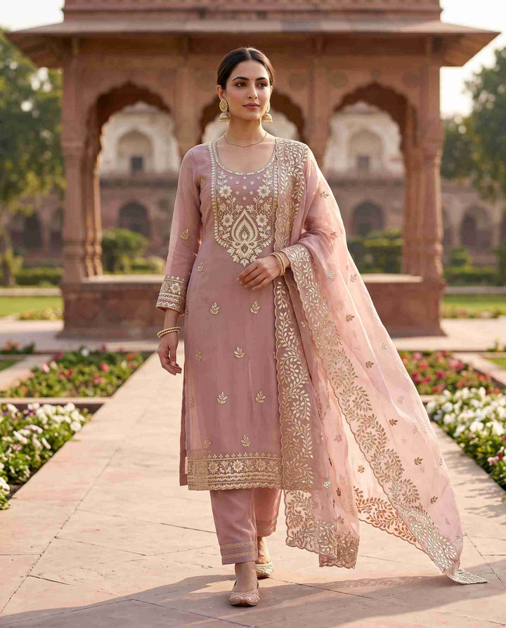 Pink shimmer tissue unstitched suit with leather gota work and tissue dupatta