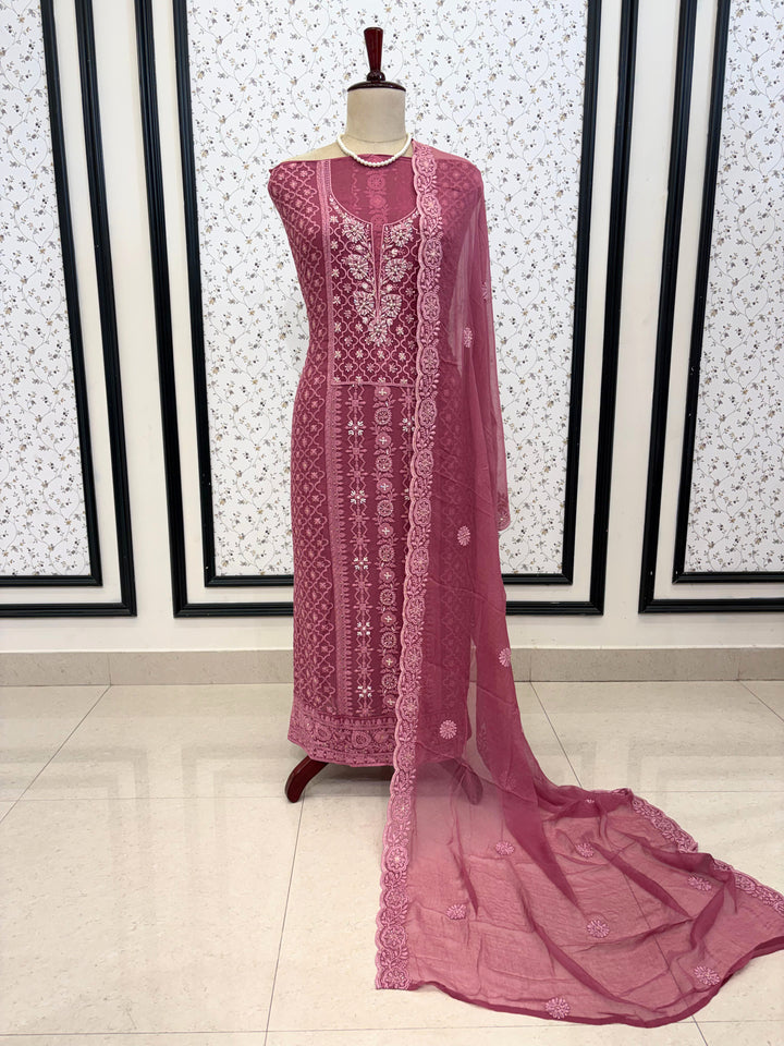 Plum chiffon dupatta with scalloped chikankari embroidered border