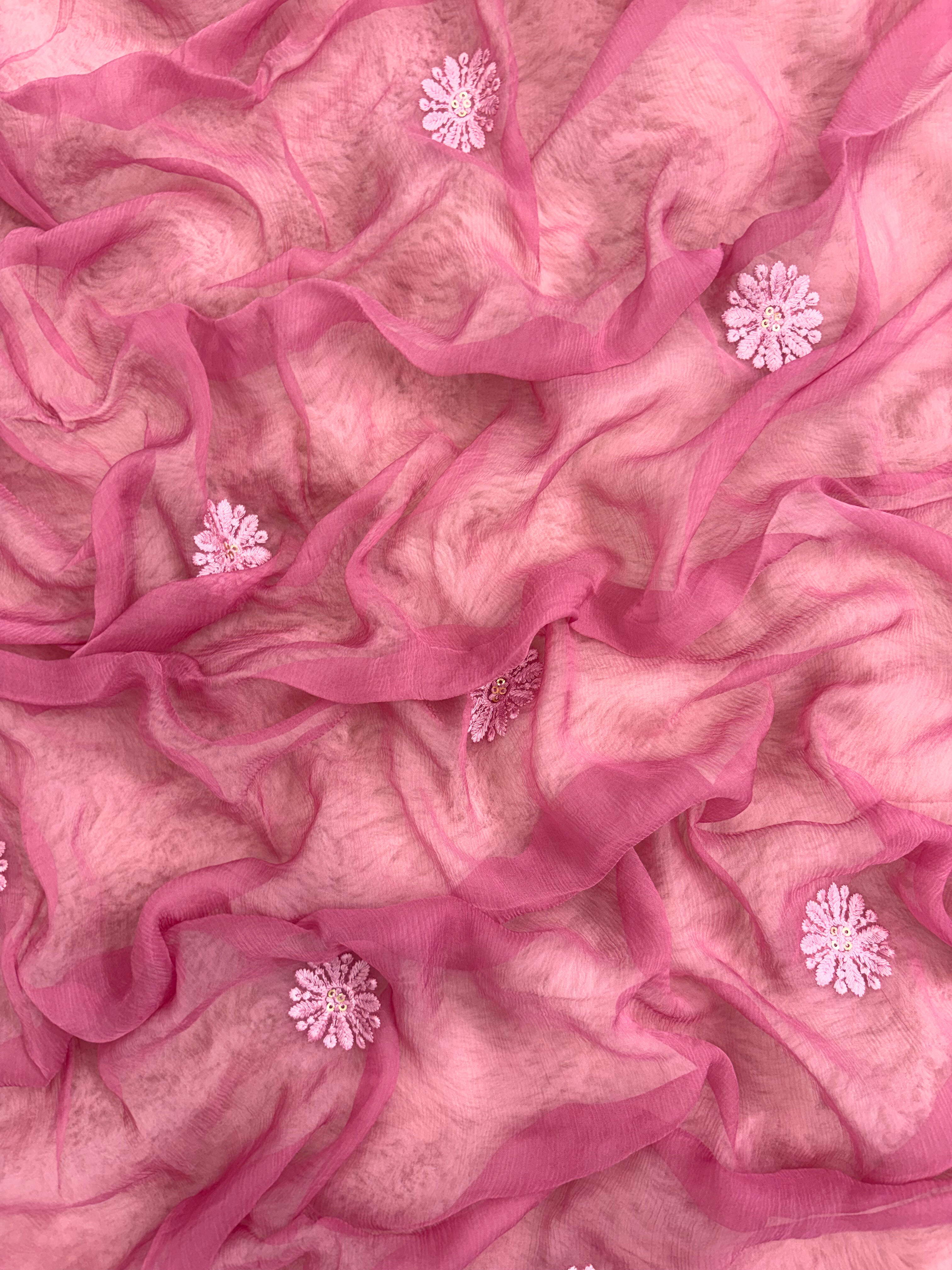 Plum chiffon dupatta with scalloped chikankari embroidered border