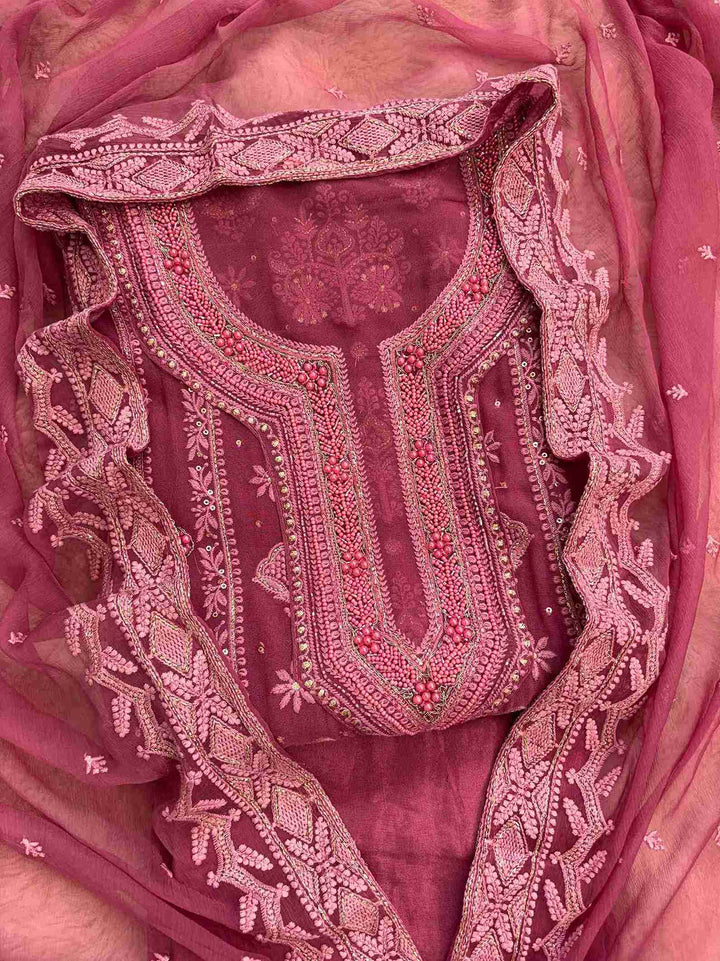 plum georgette chikankari unstitched suit front view with pearl neckline