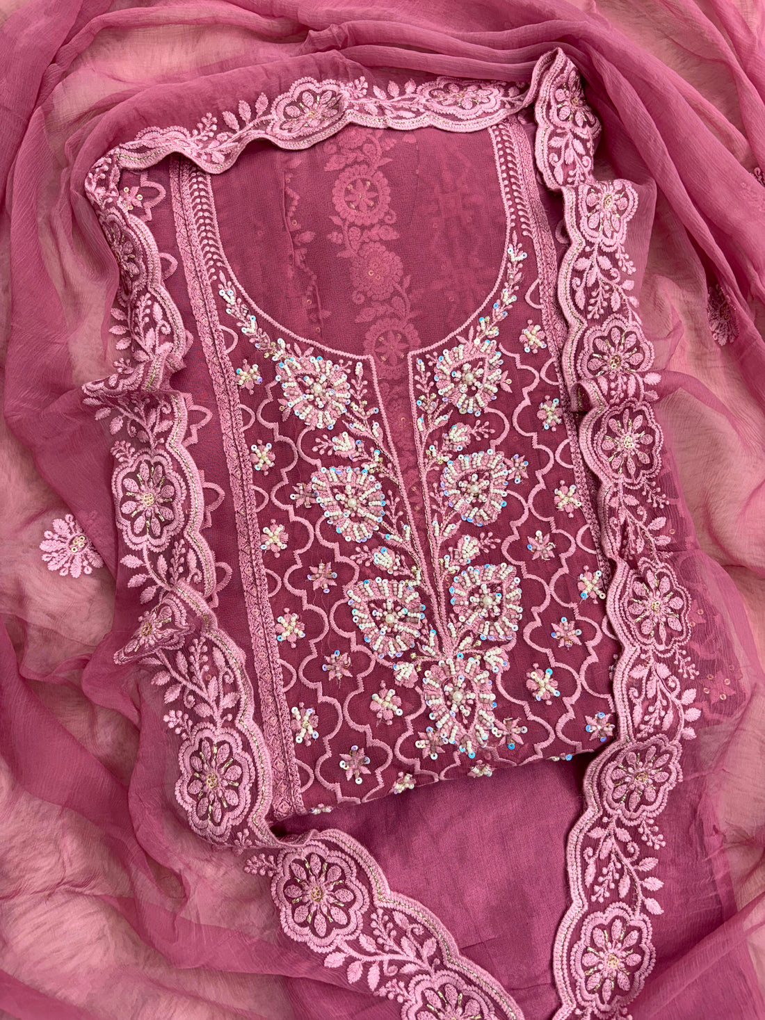 Plum chikankari georgette unstitched suit set with chiffon dupatta