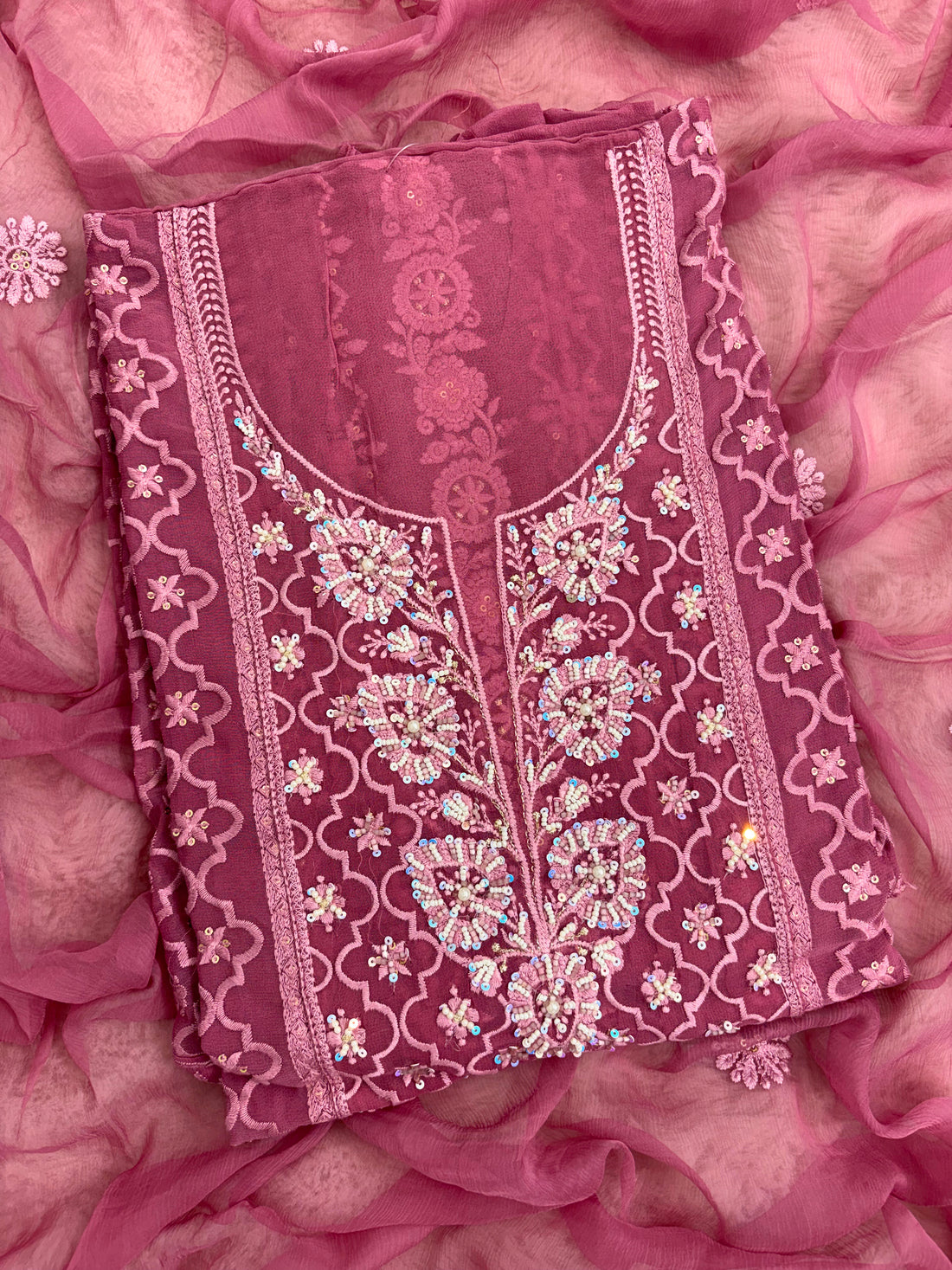 Plum suit neckline with moti beads and sequence embellishment