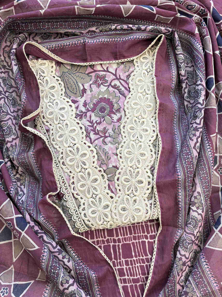 Close-up of all-over digital floral print with blooms and botanical motifs on plum cotton shirt body