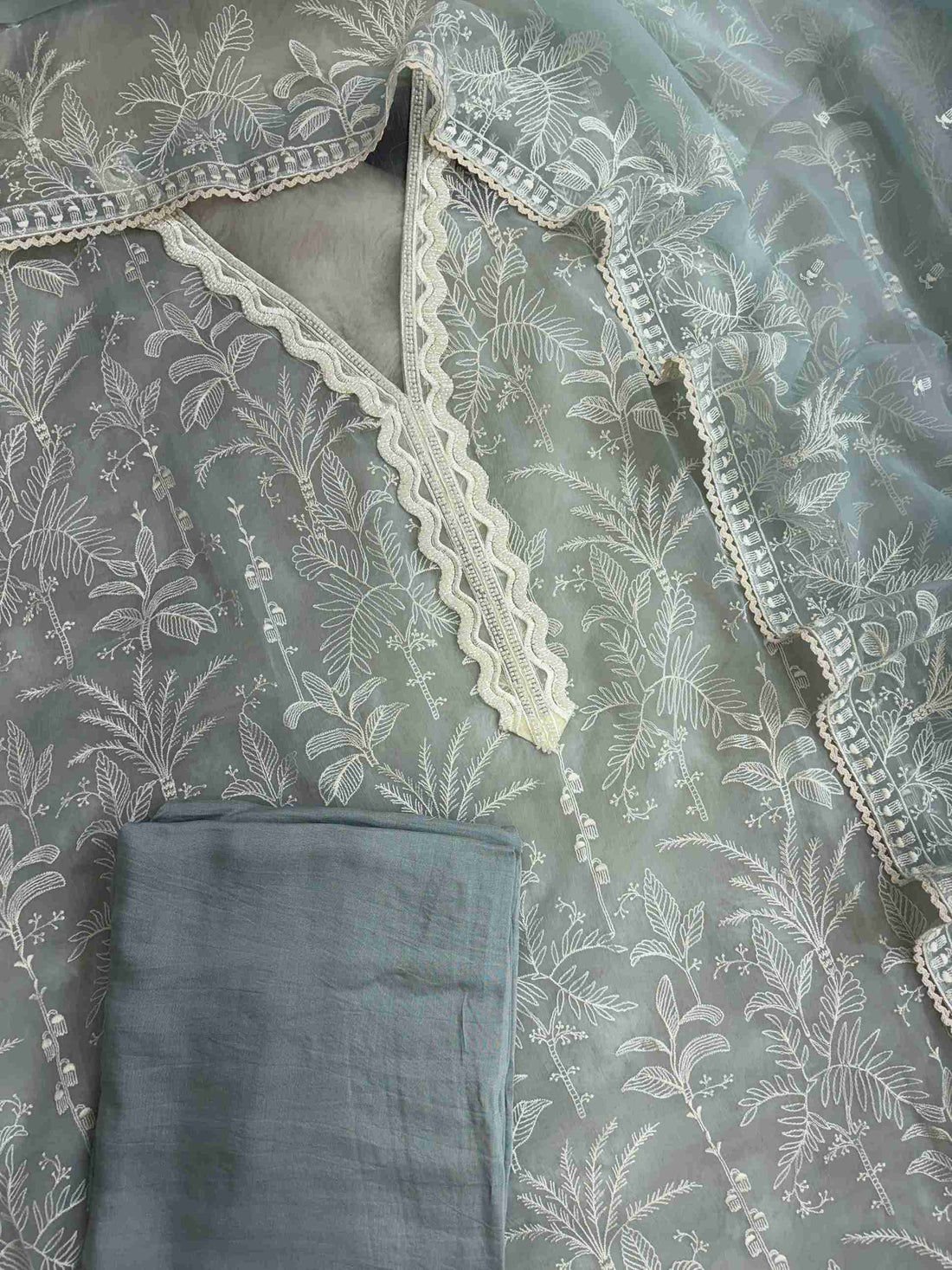 Powder blue chiffon dupatta with embroidered borders and delicate resham detailing