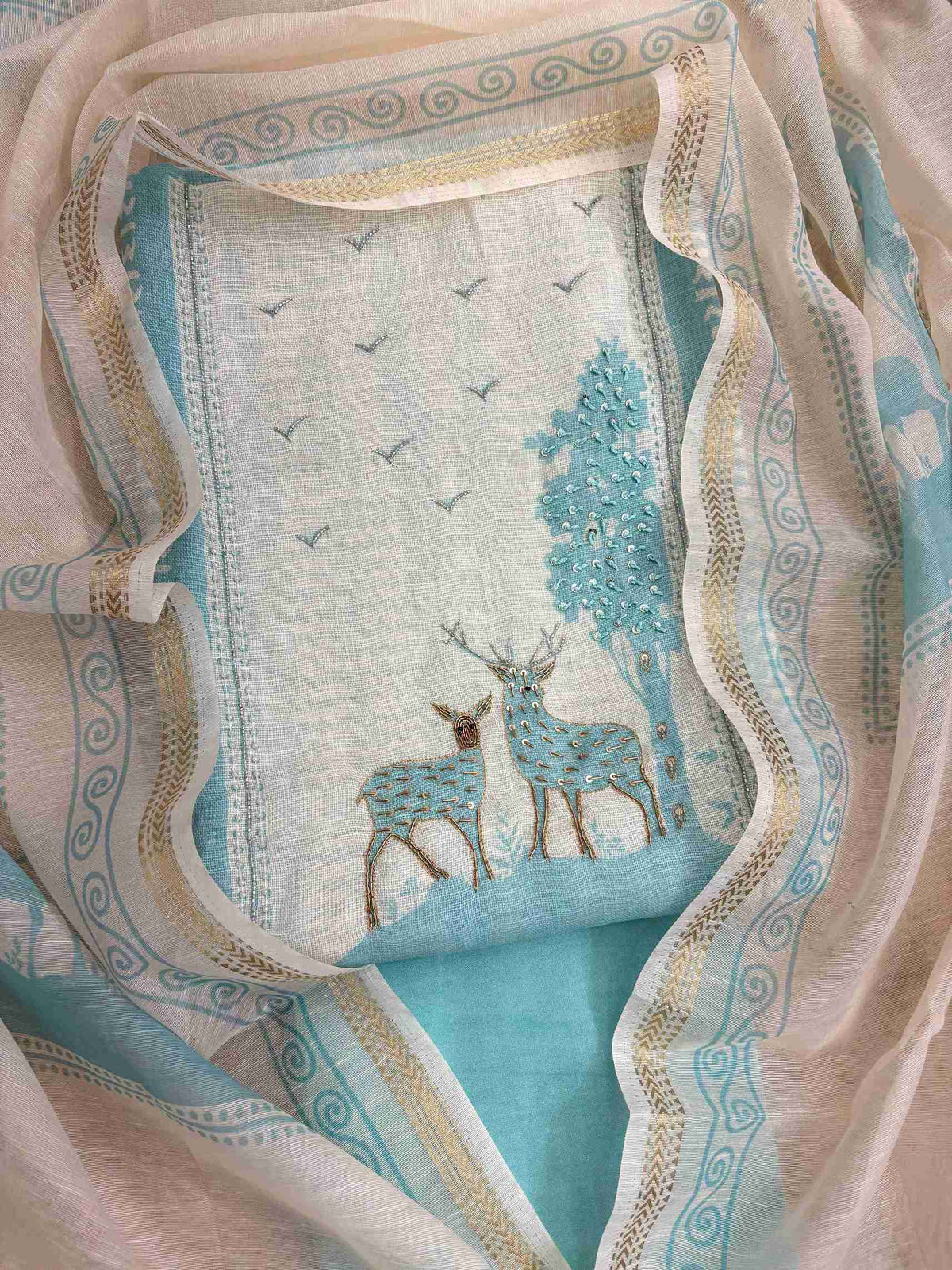 Powder Blue Linen Cotton Suit with Warli Print & Scenic Dupatta ...