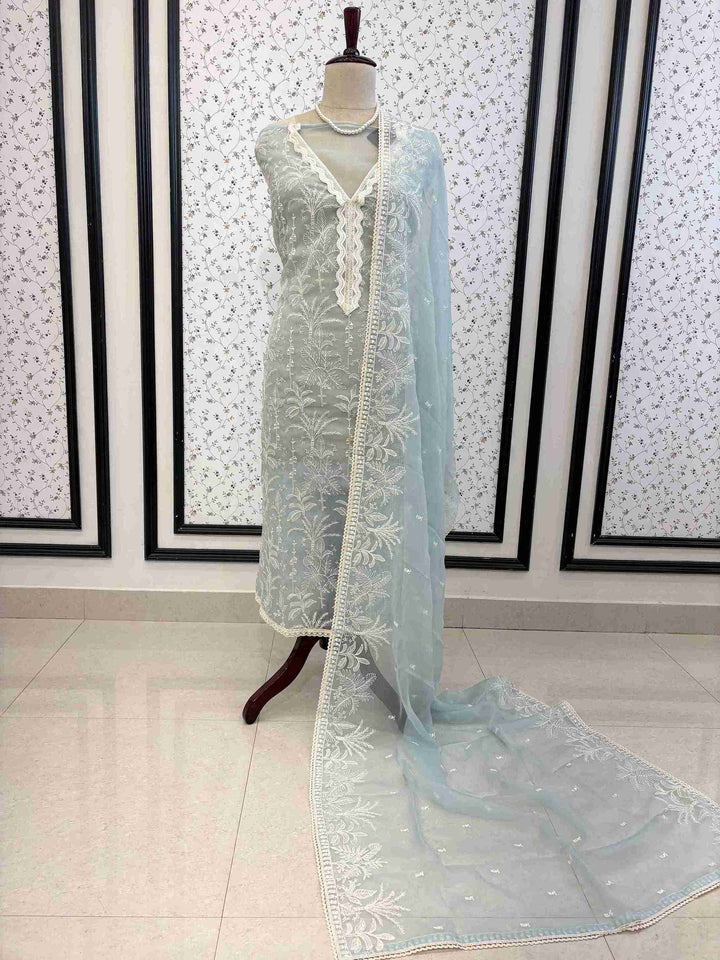 Full unstitched powder blue poly chiffon suit set with dupatta and matching bottom
