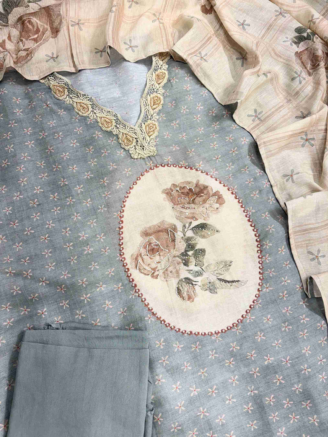 Oval-shaped digital rose print panel below neckline on powder grey linen cotton shirt front