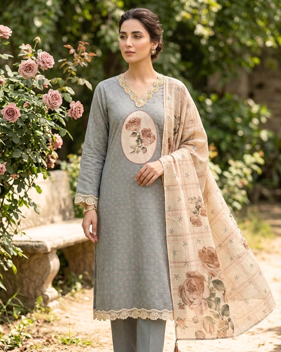 Powder grey linen cotton unstitched suit full front view worn by model with narrow cream beige floral print dupatta draped