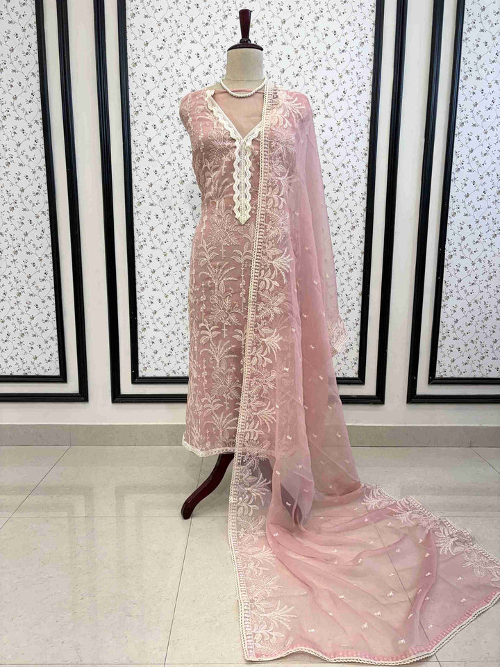 Full unstitched Powder pink poly chiffon suit set with dupatta and matching bottom