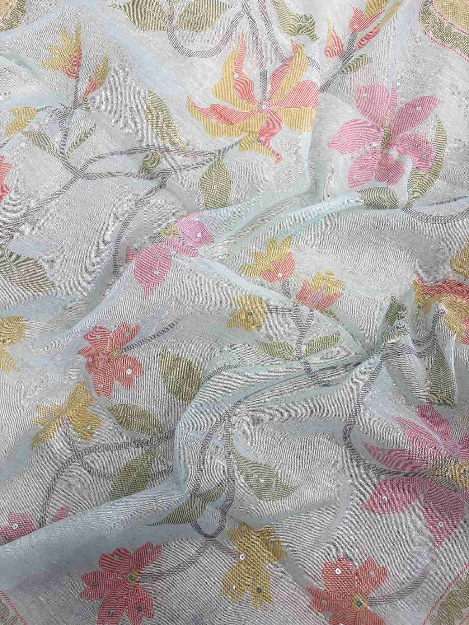 Linen cotton dupatta with floral vine print matching powder blue suit