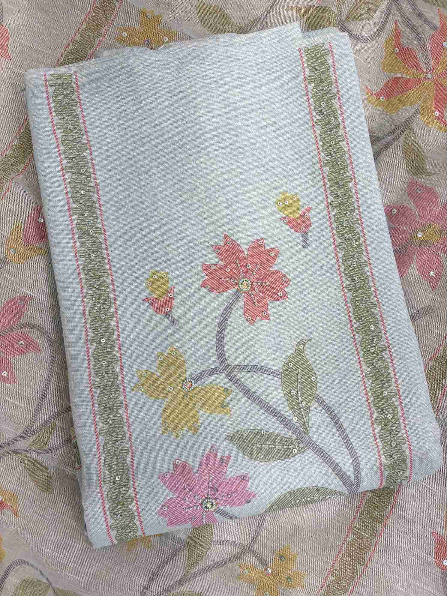 Powder Blue linen cotton suit with floral vine design and matching dupatta