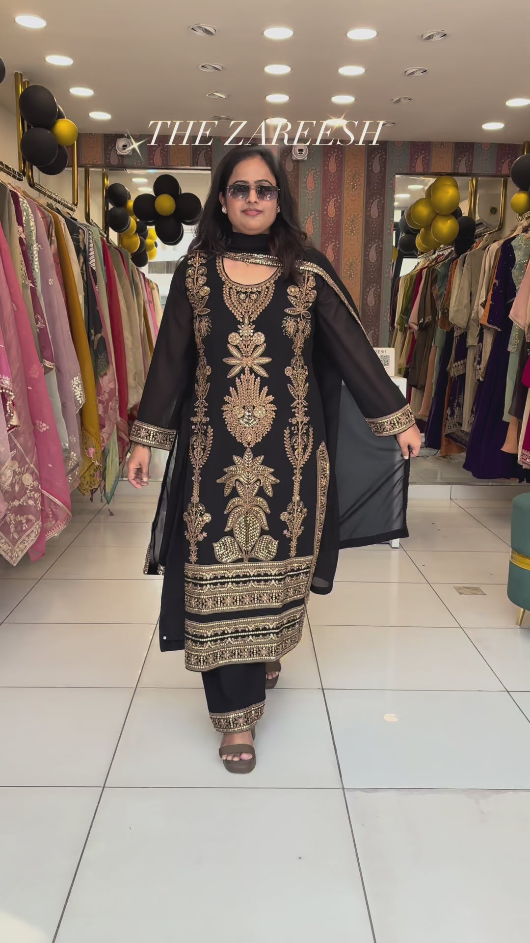 Black Georgette Stitched Suit Set with Gold Zari Embroidery and Sequin Work