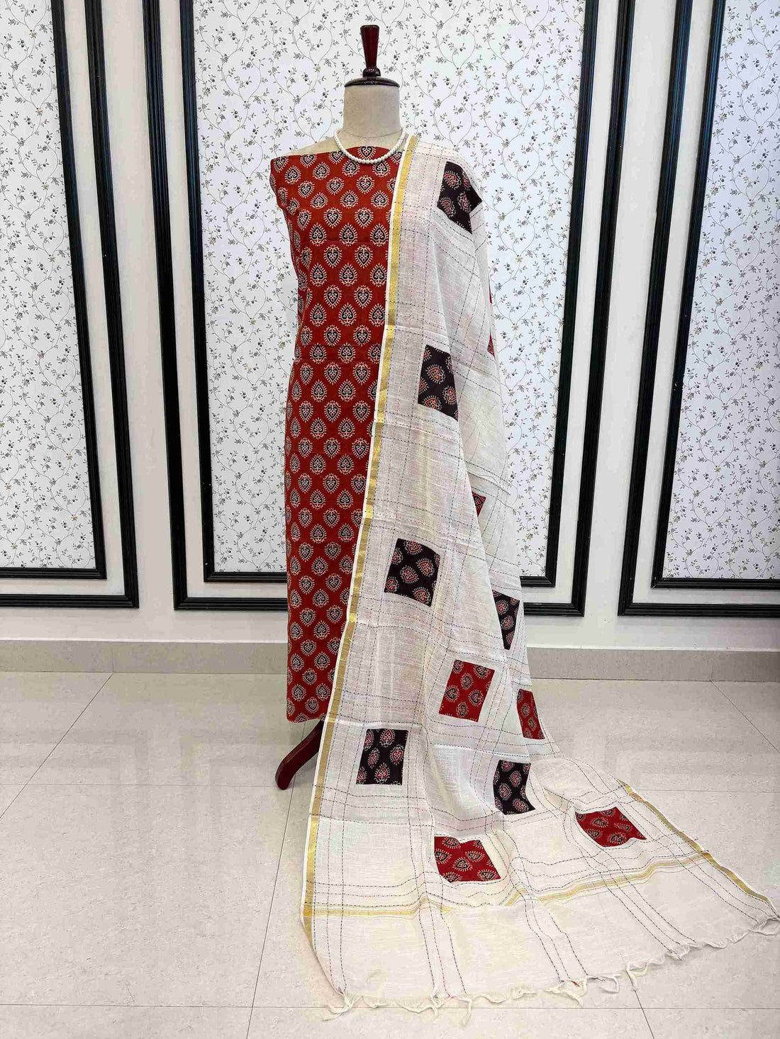 Pure cotton handblock printed unstitched suit set with applique patch dupatta displayed on mannequin