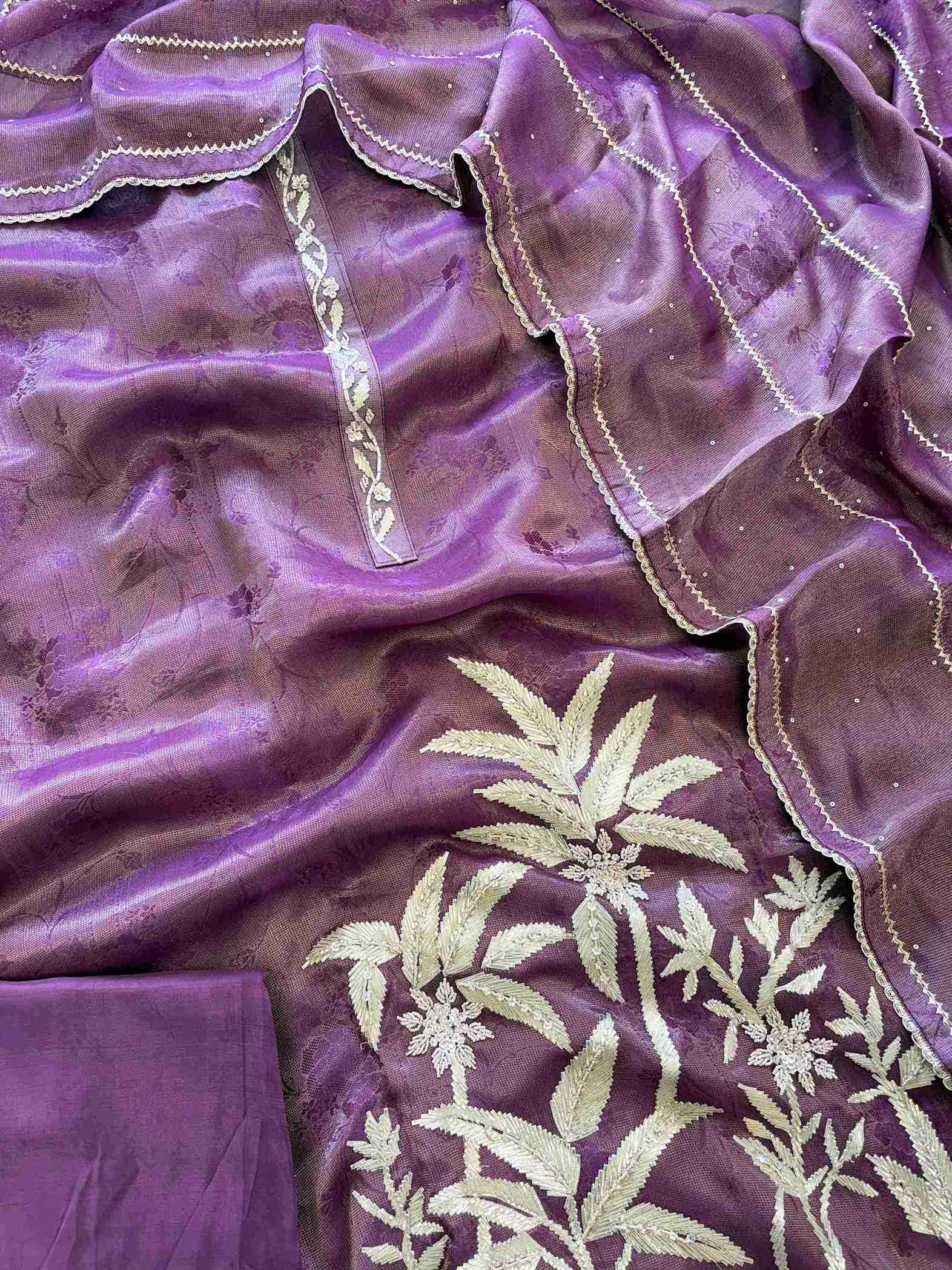 Purple Burberry tissue dupatta with zigzag gota laces and sequins
