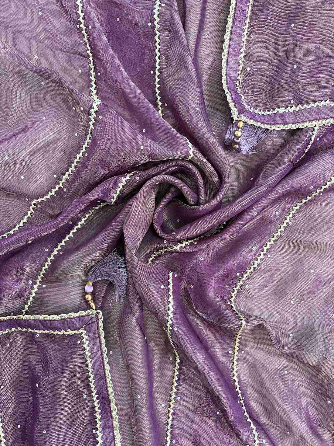 Heavy gota palm tree motif daaman with beads and sequins on purple Burberry tissue suit