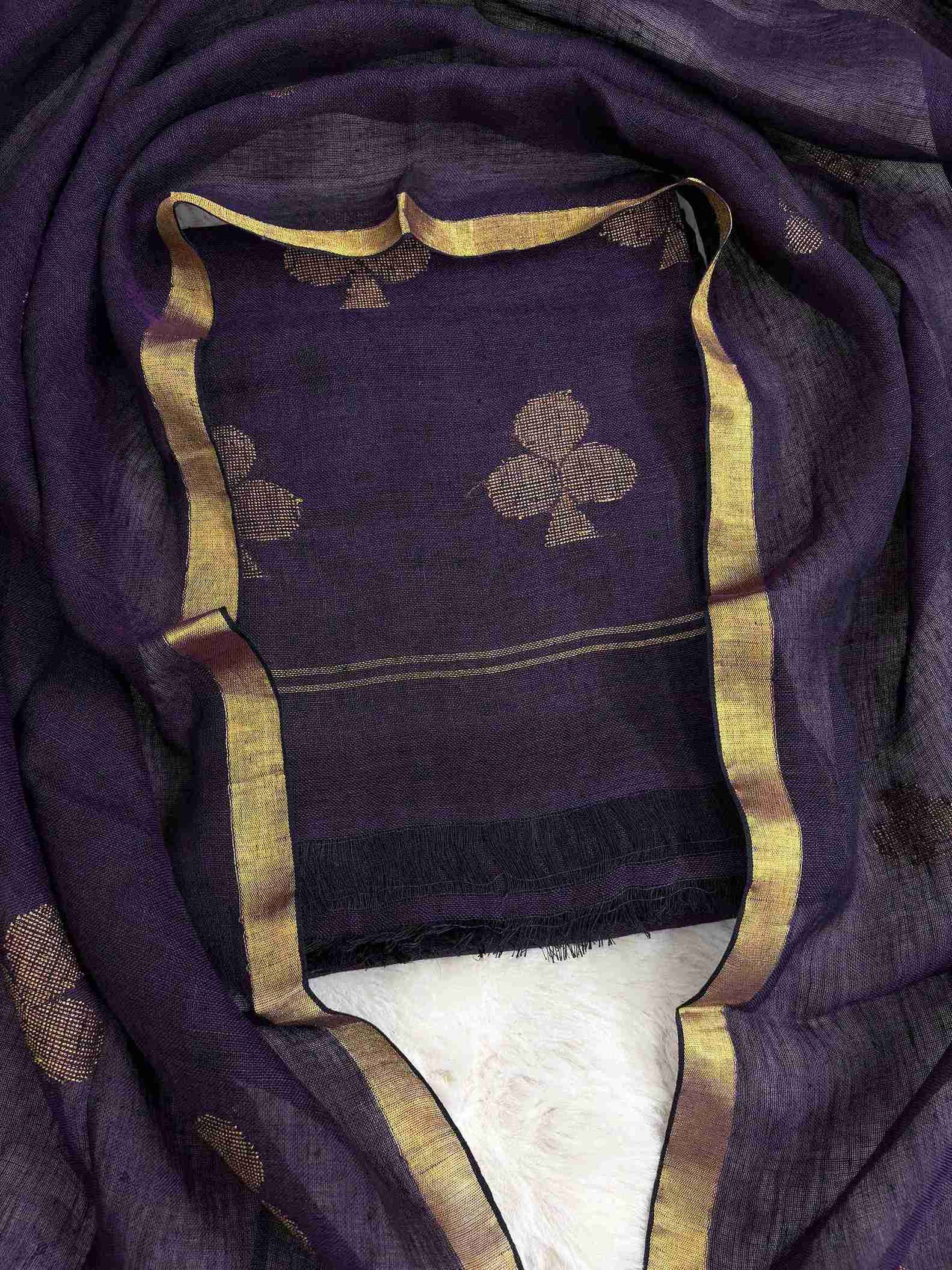 Scattered golden geometric spade woven motifs across purple handloom linen shirt body