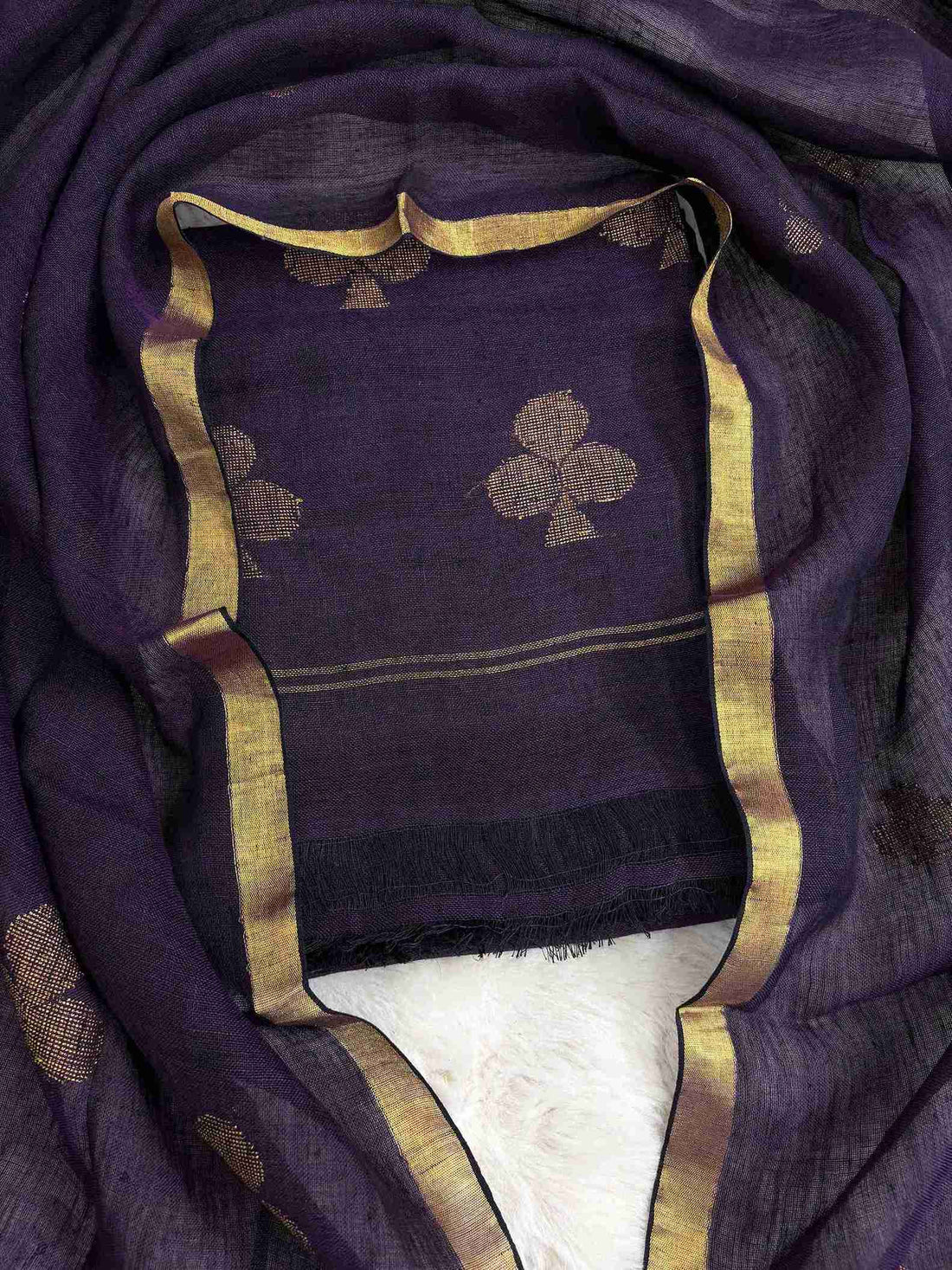 Scattered golden geometric spade woven motifs across purple handloom linen shirt body