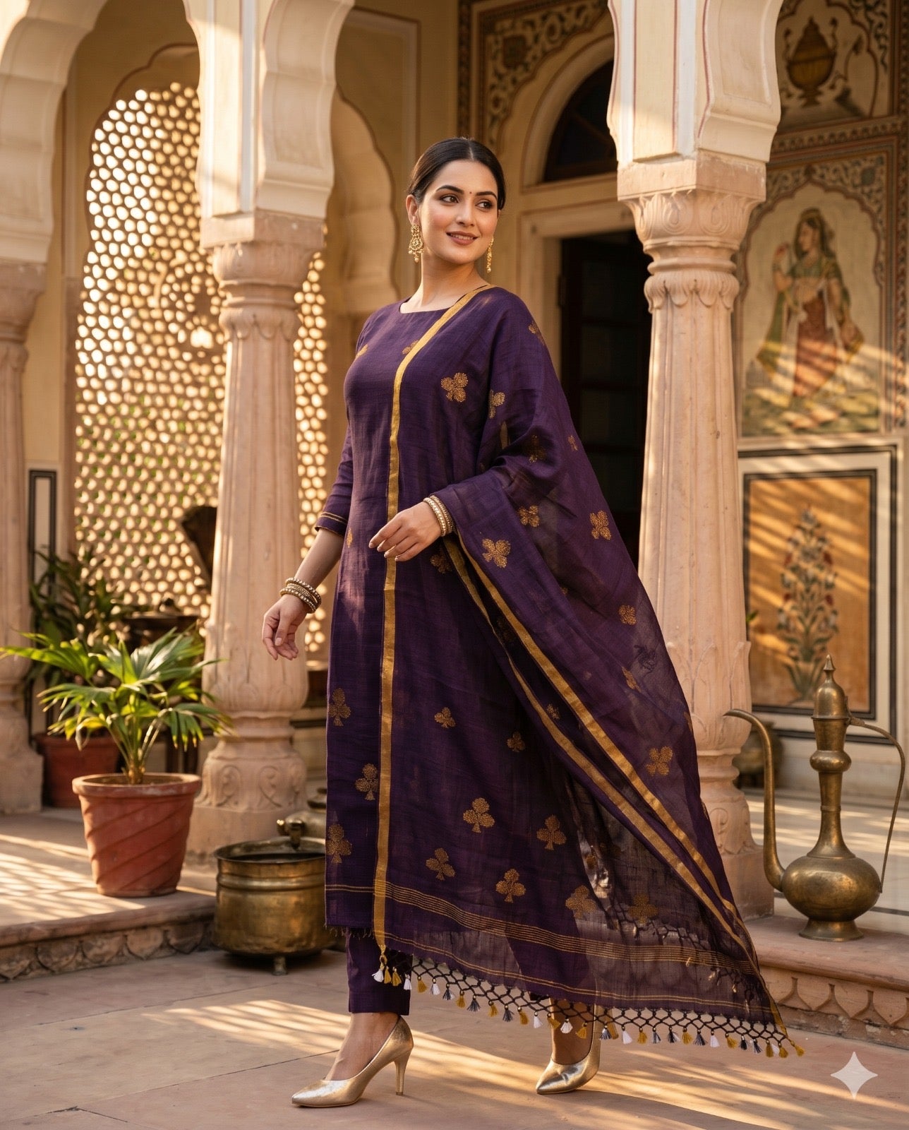 Model Wearing Complete purple handloom linen unstitched 2-piece  with shirt and dupatta showing golden spade motifs