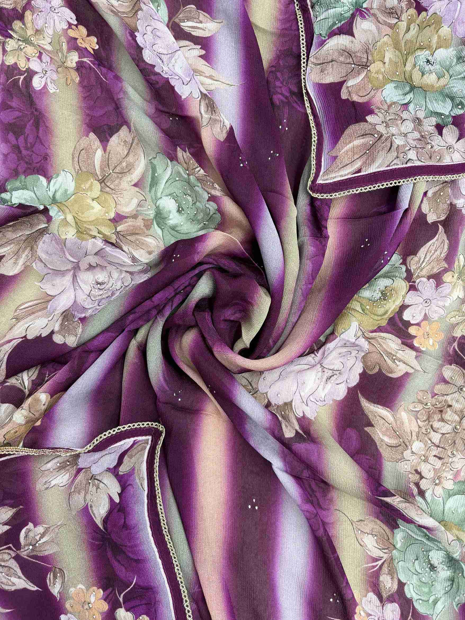 Chinnon dupatta with stripe pattern and floral print in purple and multicolor tones