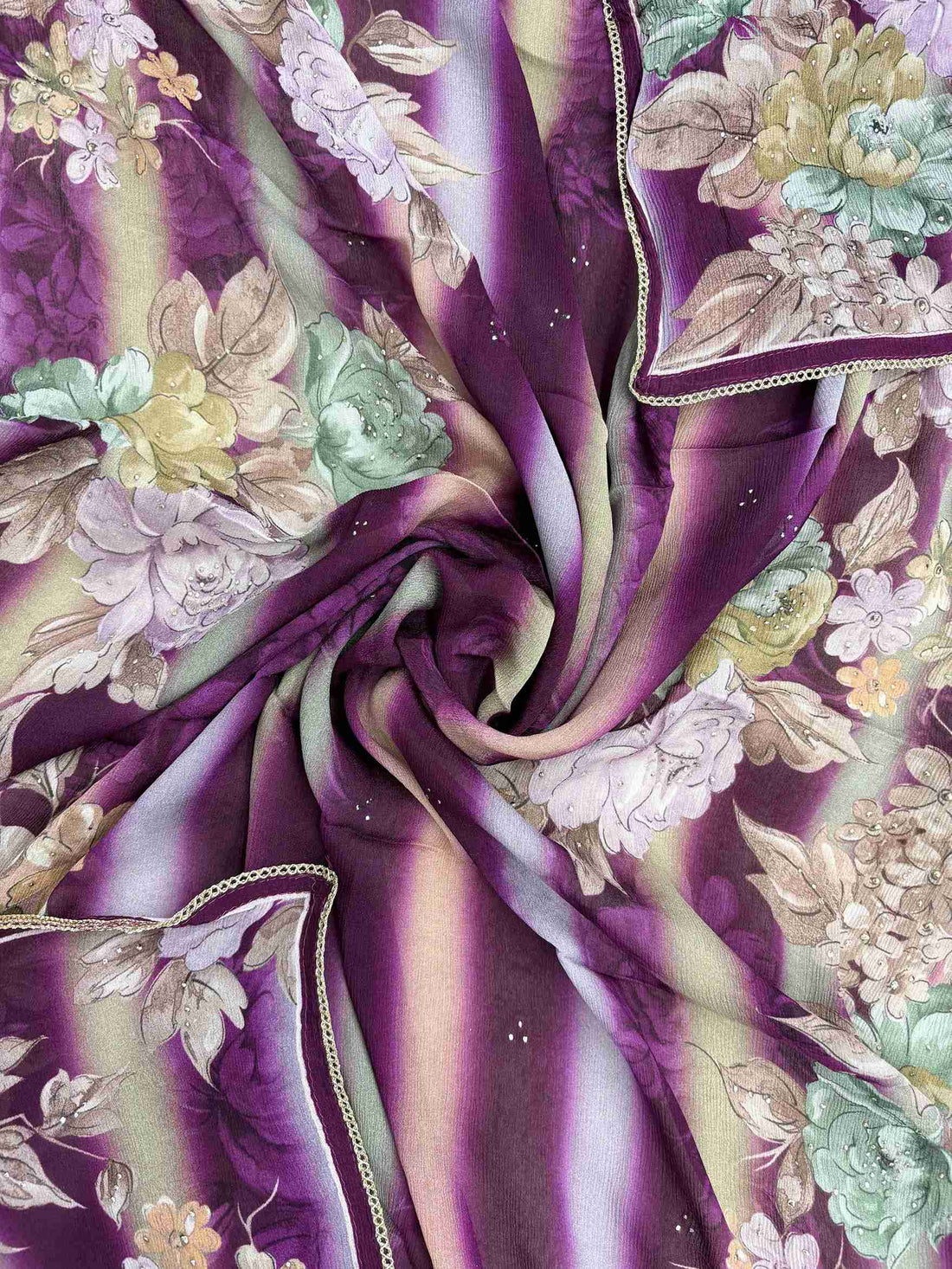 Chinnon dupatta with stripe pattern and floral print in purple and multicolor tones
