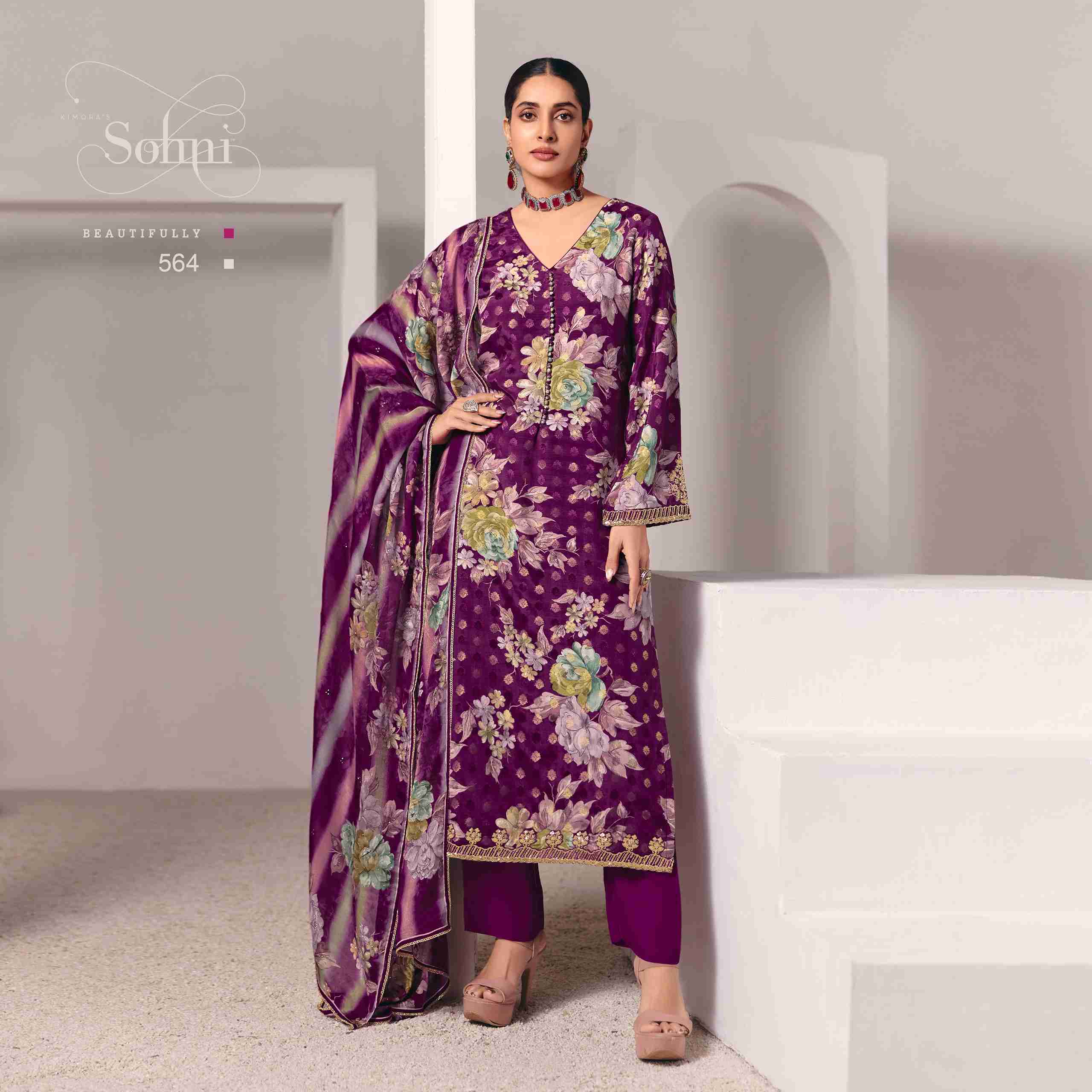 purple muslin unstitched suit full front view worn by model with chinnon dupatta draped