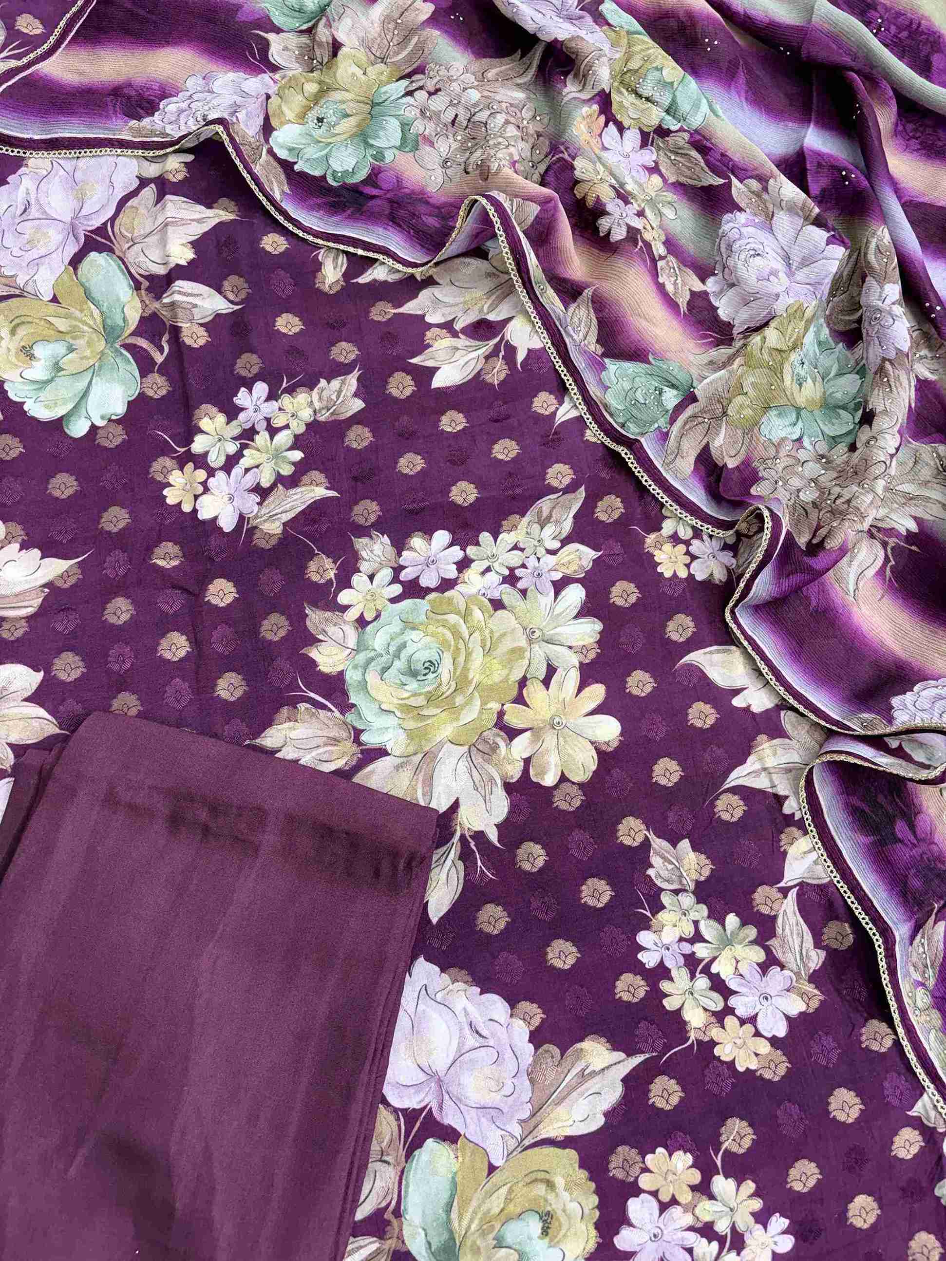 Complete purple muslin unstitched suit set with shirt, chinnon dupatta, and silk bottom
