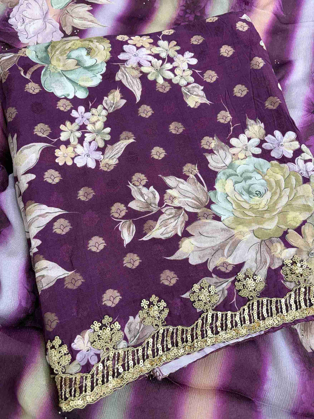 Round neckline detail on purple digital print muslin unstitched shirt