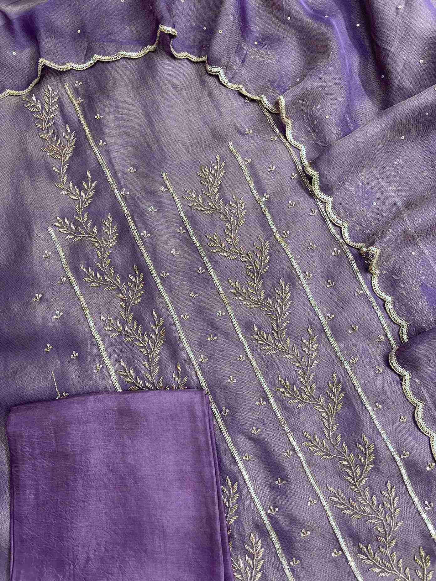 Matching purple opada silk bottom fabric for burberry tissue embroidered suit