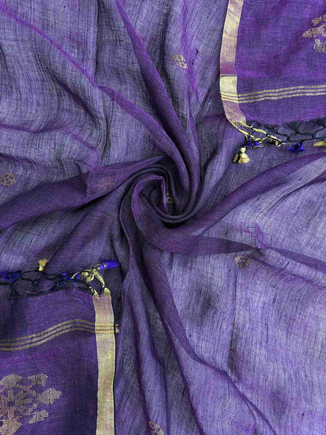 Multicolor tassels at corner of purple pure handloom linen dupatta