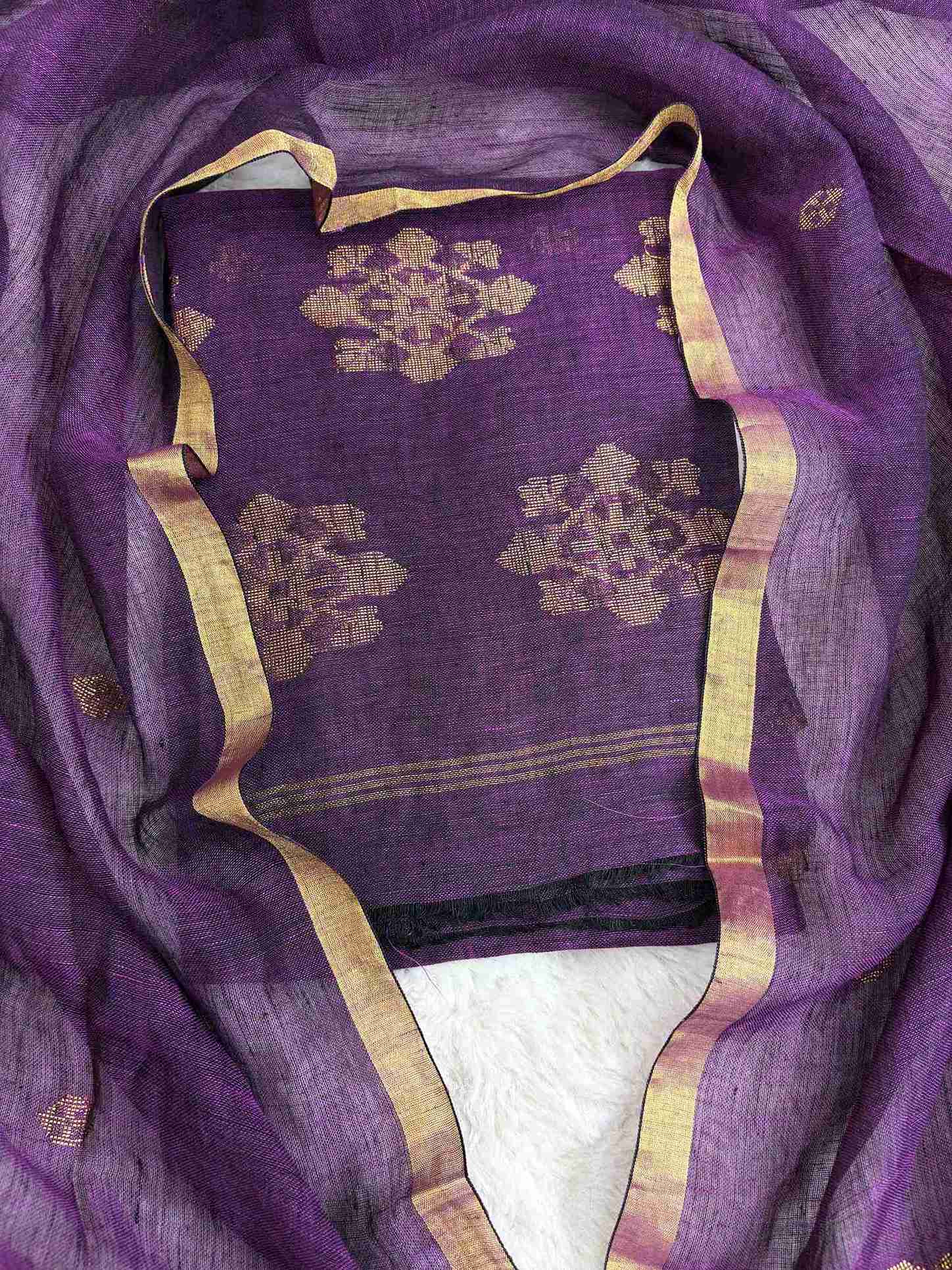 Scattered golden woven floral cluster motifs across purple pure handloom linen shirt body