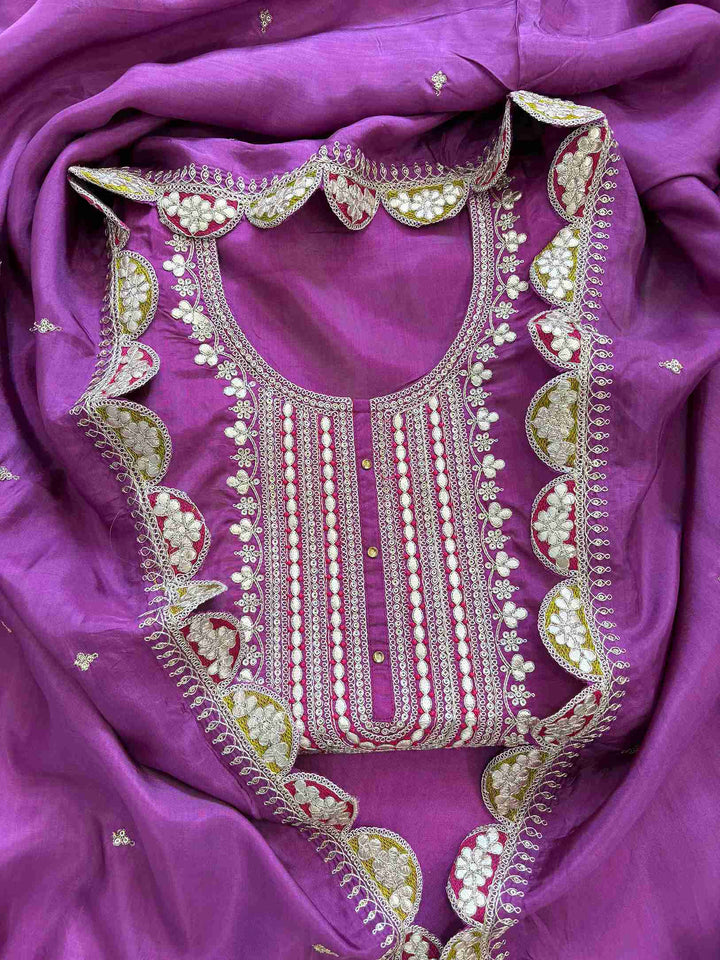 Purple Russian silk embroidered unstitched suit set with scalloped dupatta