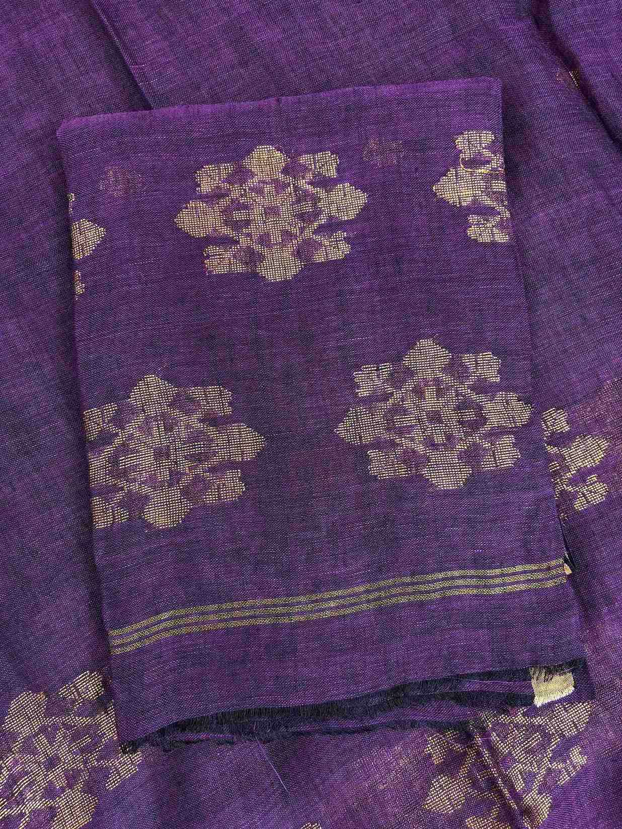 Scattered golden woven floral cluster motifs across purple pure handloom linen dupatta surface