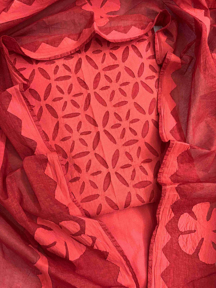 Red chikankari unstitched suit set with embroidered shirt and matching dupatta