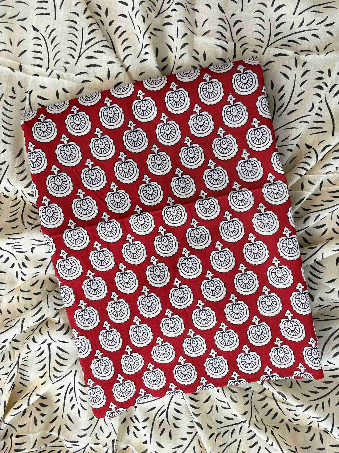 Red pure cotton kurta fabric with traditional printed motifs