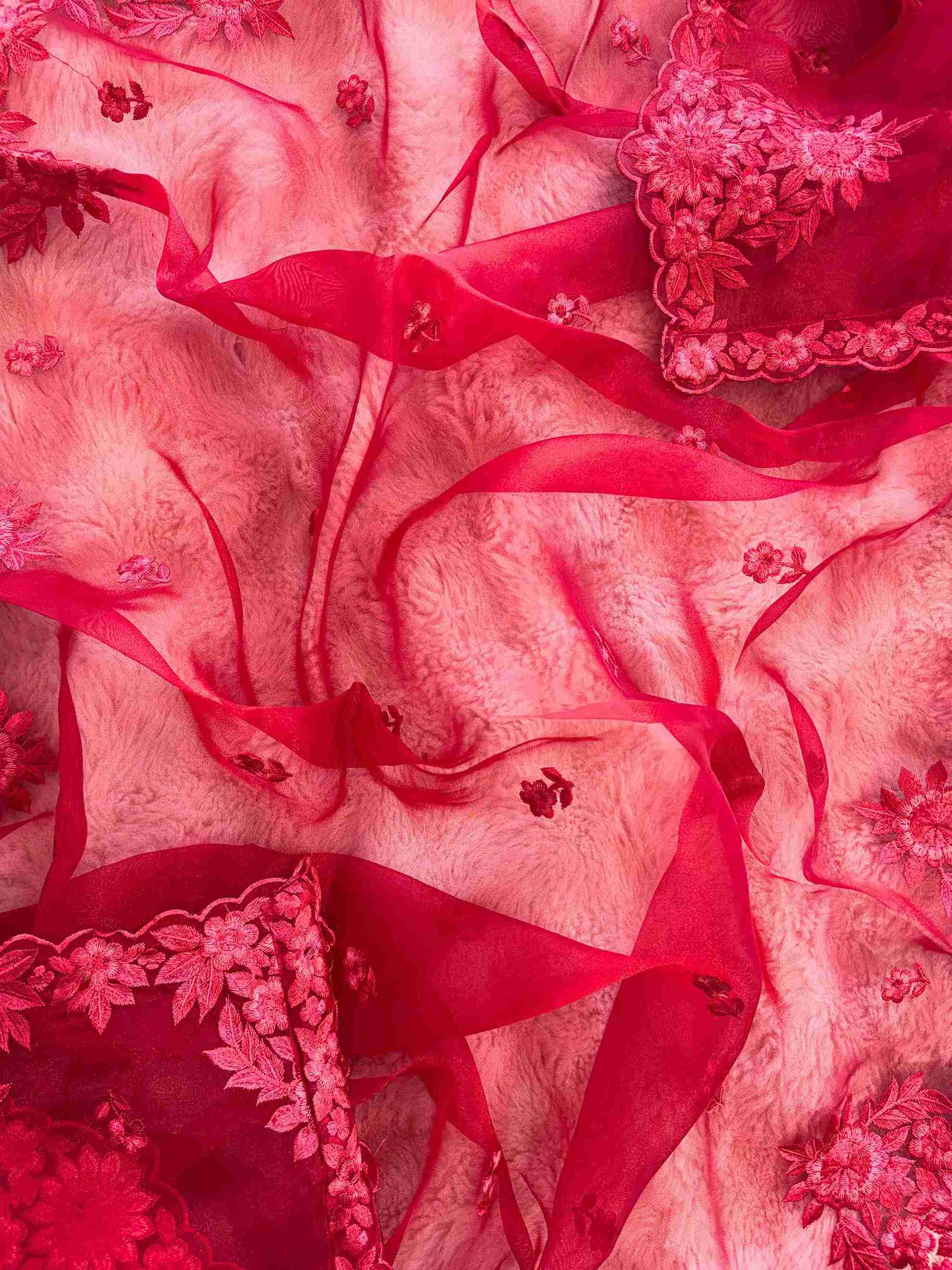 Red glass organza dupatta with floral booties and scalloped cutwork border