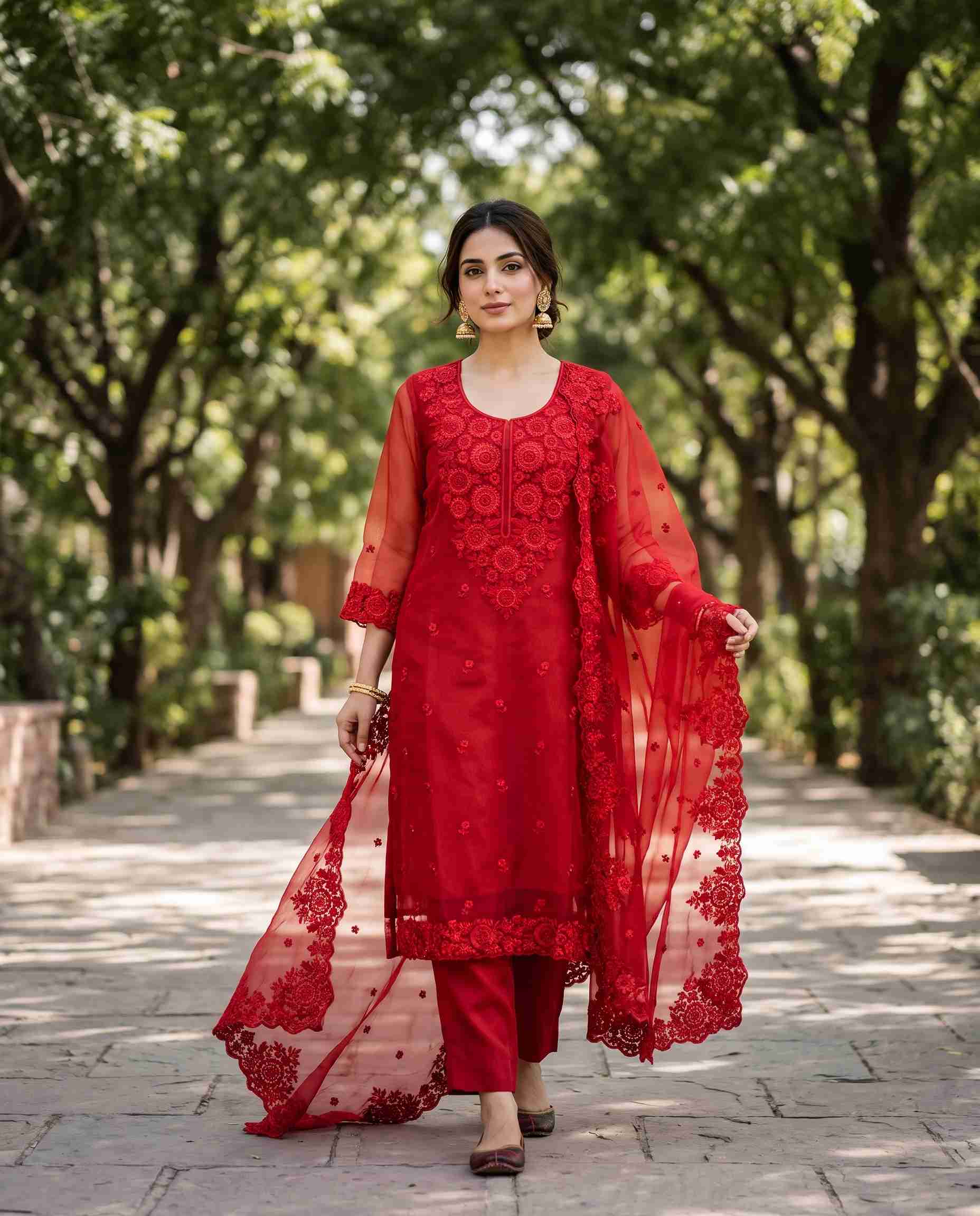 Red glass organza unstitched suit with monotone thread embroidery and scalloped cutwork border dupatta