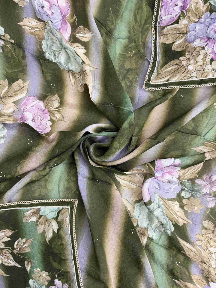 Chinnon dupatta with stripe pattern and floral print in green and multicolor tones