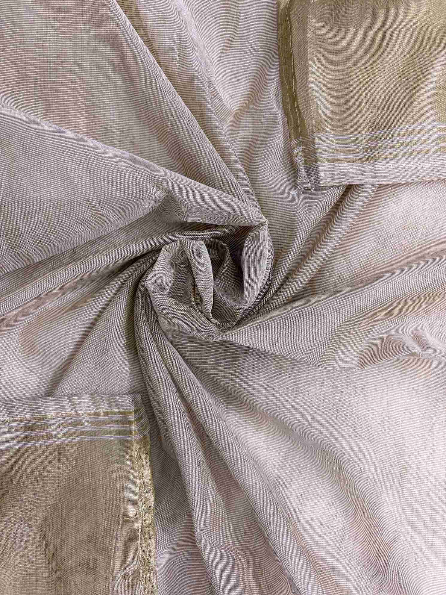 Broad gold zari patta along shorter sides of rose-gold jamdani cotton dupatta