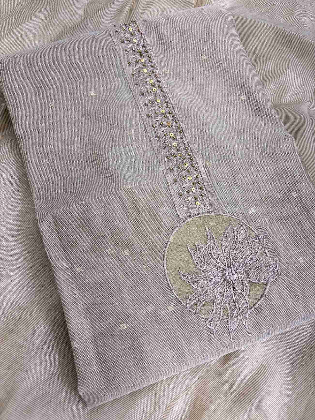 Broad gold zari patta at hemline of rose-gold jamdani cotton unstitched shirt